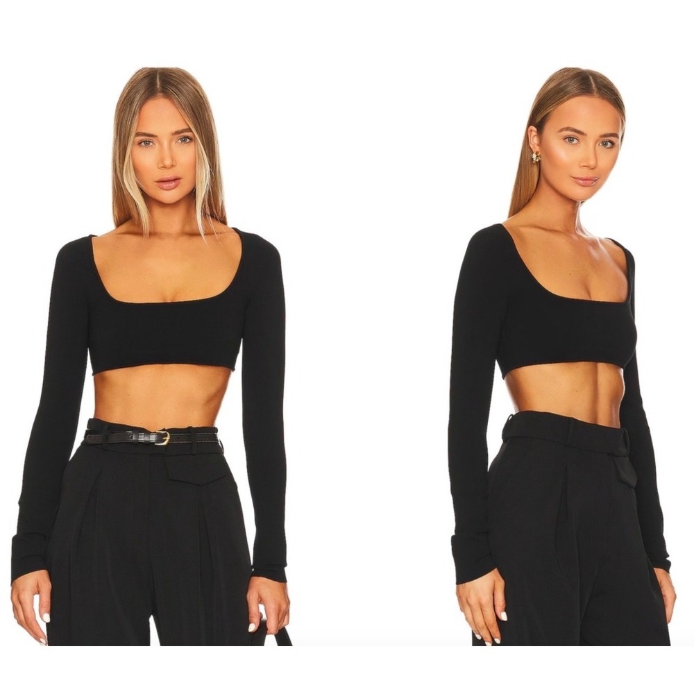 A.L.C. Womens Crop Top Sweater Black Size S Long Sleeve Square Neck Ribbed Knit